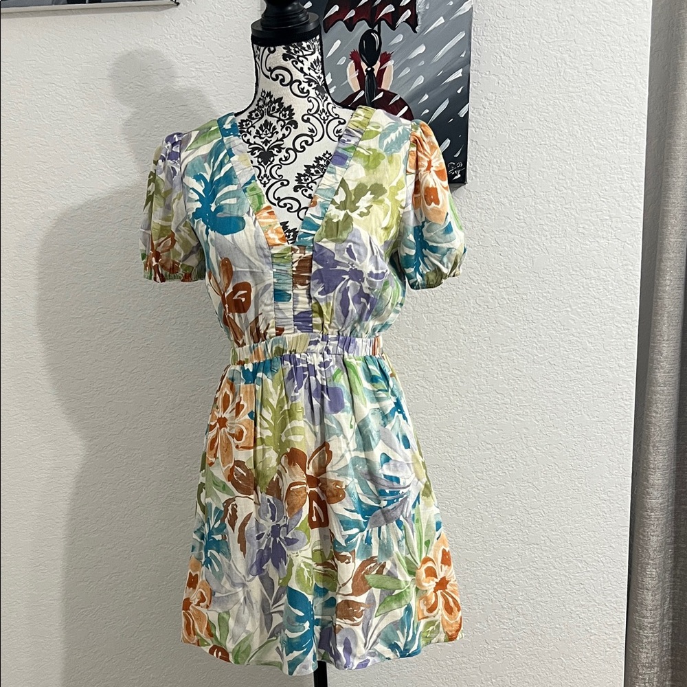 Sage Blue and Yellow Puff Sleeve Scoop Neck Mini Dress
